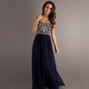 SEAN COLLECTION | navy beaded sweetheart strapless chiffon ball gown/prom dress